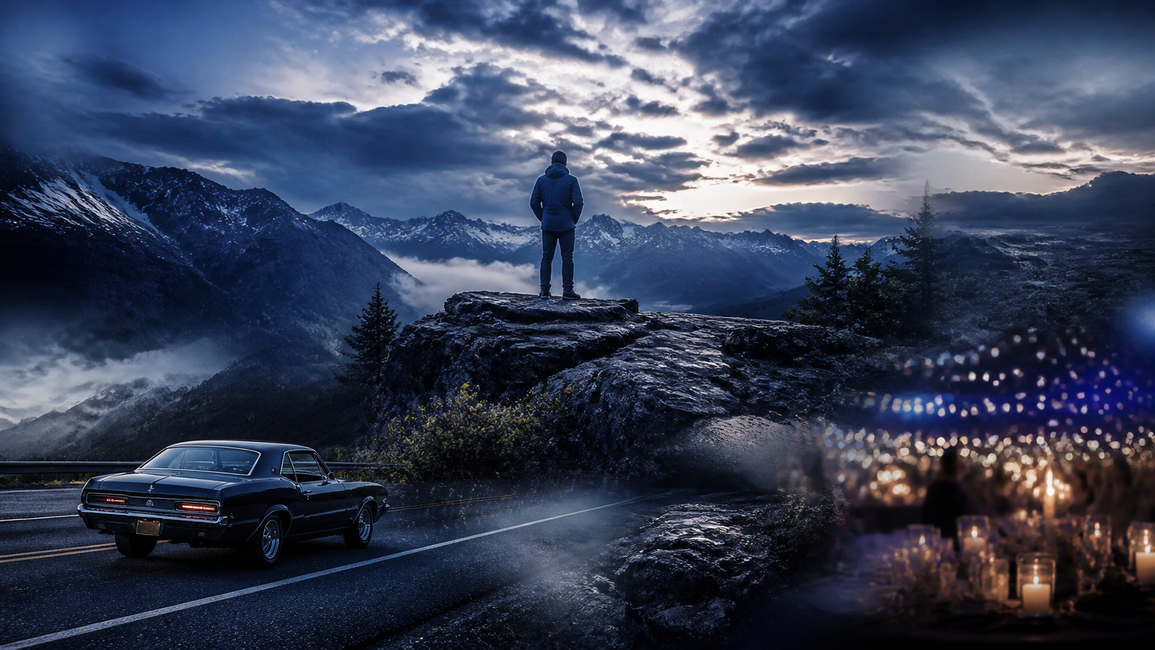 Scenic mountain, classic vehicle, and event photography montage